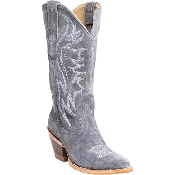 Womens Faux Suede Embroidered Pointed Toe Chunky Heel Pull On Cowboy Boots - Picture 3 of 6